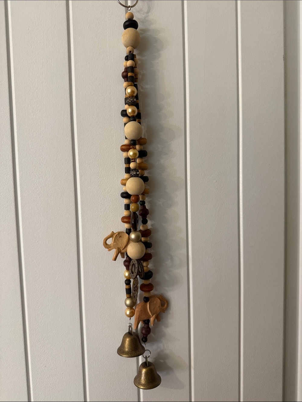 Wooden Bead and Elephant Bell Wall Hanging - Natural Brown & Black. wind chimes